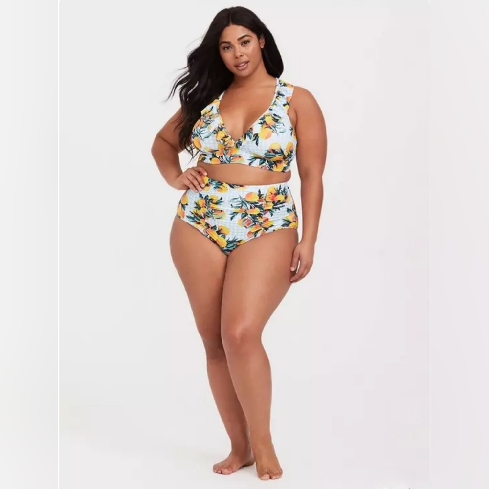 Torrid Blue Gingham & Oranges Ruffle Triangle Bikini Top Size 3X NWT - Picture 8 of 9